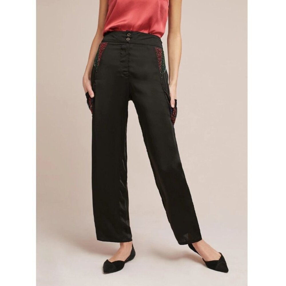 NEW Anthropologie Raga Womens Medium Beaded Black Straight Leg Satin Pants
